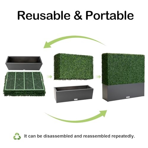 Artificial Boxwood Hedge Wall with Dark Grey Planter Box, Greenery Fake Faux Grass Panels Backdrop Divider 48" WX48 HX14 D - size: 48"WX48"HX14"D