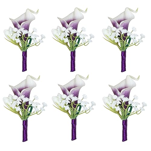 Set of 6 Calla Lily Boutonniere for Men Wedding with Pins, Artificial Purple Calla Lily Groom Groomsman Boutonniere Flower for Wedding Ceremony Anniversary Prom Party Suit Decor - color: Calla Lily Boutonniere Pack of 6