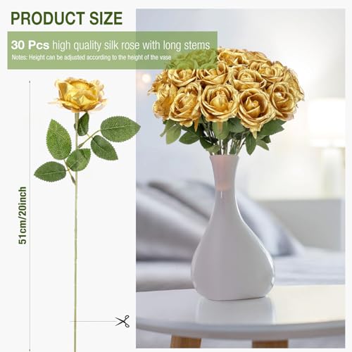 Thiccywoov 30 Pcs Rose Artificial Flowers in Bulk Lifelike Long Stem Silk Roses Bouquets Realistic Faux Flowers for Wedding Bridal Shower Home Decor Floral Arrangements Table Centerpiece(Gold) - color: Gold