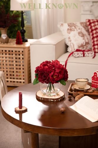 WELL KNOWN Peony Artificial Flowers in Vase, Burgundy Red Silk Flower Arrangement with Vase with Faux Water for Spring Home Table Centerpieces Wedding Birthday Party Decor & Mom's Birthday Gift - color: Burgundy Red