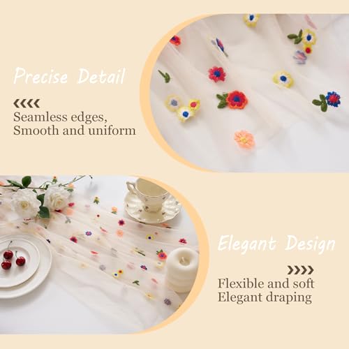 2PC Champagne Embroidery Daisy Table Runner 10ft 120 Inch Fall Florals Gauze Tulle Cheesecloth Holiday Kitchen Dining Table Decoration for Home Wedding Party Baby Shower Birthday Decorations - color: Champagne, size: 10ft x 2Pack