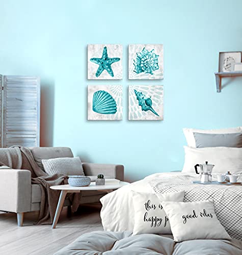 BQVCT Bathroom Wall Decor Teal Watercolor Starfish and Seashell Conch Wall Art Sea Creatures Pictures Ocean Theme Canvas Prints for Bedroom Home Artwork Decor Paintings - color: Teal