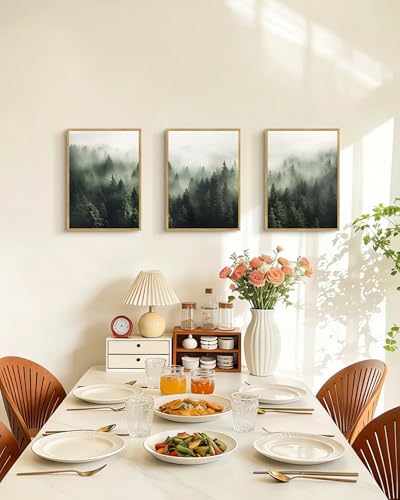 PHOPAGO Green Fog Pine Tree Framed Wall Art Nature Misty Nordic Forests Artwork Morden Paints for Kitchen Hallway Decor - 11x14in Natural Framed - color: Green Pine Forest, size: 14L" x 11W" x 3 Pcs Natural