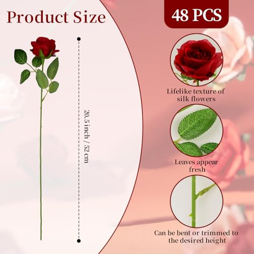 48 Pcs Silk Artificial Flowers, Fake Rose Long Stem Realistic Artificial Flowers for Wedding Arrangement Centerpiece Party Decor (16 Burgundy, 16 Coffee Pink, 16 Off-White)