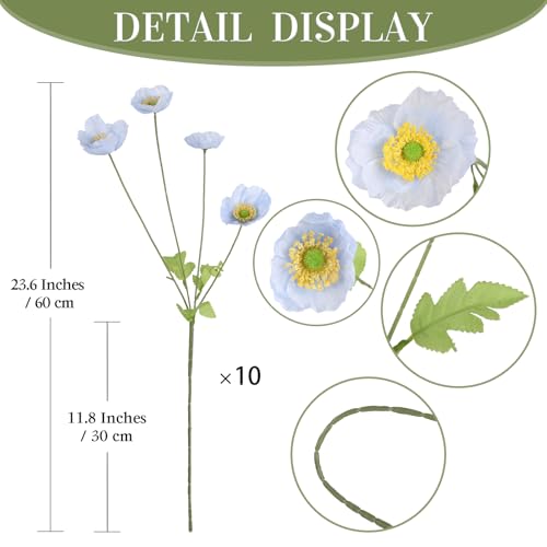 10 Pcs Blue Artificial Poppy Flowers with 40 Heads Lifelike Silk Fake Poppies for Vase Faux Poppies with Stem for Spring Wedding Home Table Centerpiece Baby Shower Veterans Day Decor (Blue) - color: Light Blue