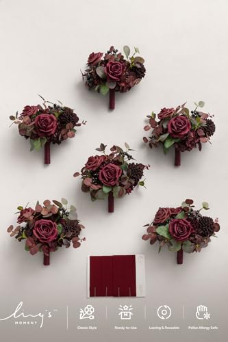 Ling's moment Red Bridesmaid Bouquets Set of 6,Burgundy & Black Baccara Artificial Wedding Flower Bouquets Floral Bouquet Bridesmaid Bouquets with Ribbon,Ceremony,Anniversary,7-inch Diameter - color: Rd-burgundy & Black Baccara