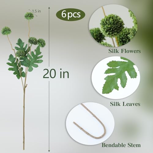 mizii 6Pcs Green Fake Silk Pompon Mum Artificial Flowers Bulk Small Faux Chrysanthemums with Stems Realistic Floral Decorations for Wedding DIY Bouquet Centerpieces Shower Vase Home Decor (Green) - color: Green