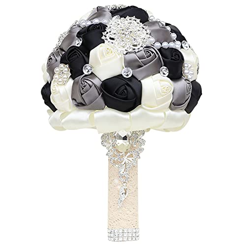Sharebeauty 7.9 Inch Handmade Satin Rose Bridal Bouquet Toss Round Wedding Bouquet Throw Toss Artificial Flower Bunch Black + Dark Grey + Ivory - color: W3217d05 Black/Dark Grey/Ivory