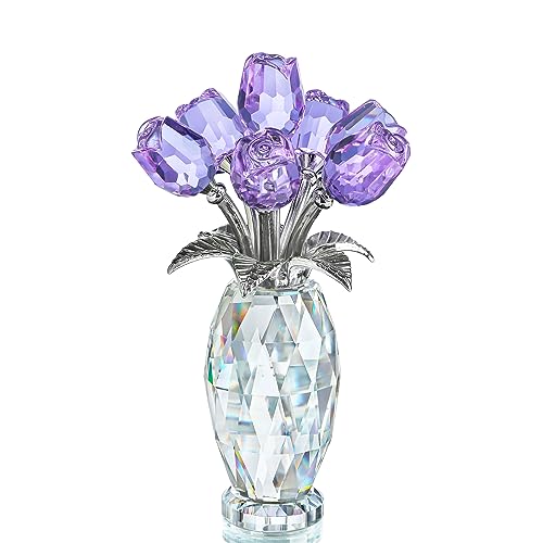 H&D HYALINE & DORA Crystal Rose Purple Flower Figurine,Rose Gifts for Mom Wife Grandma,Glass Flower Collectible Ornament Mother's Day Thanksgiving Anniversary Birthday Gifts - color: Purple