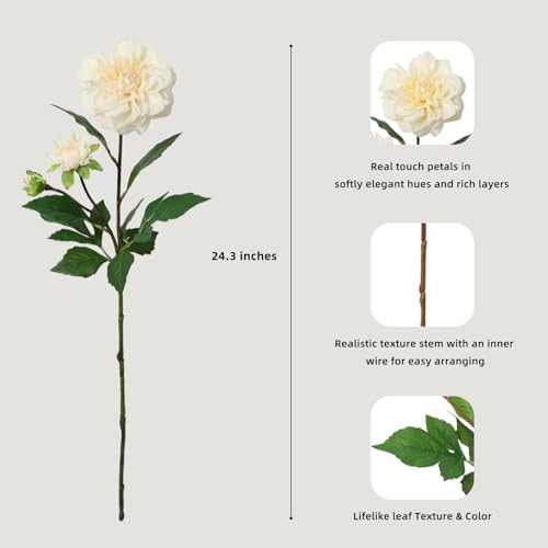 KBREE Dahlia Artificial Flowers, 3 Pcs Real Touch Cream White Flowers, 24.3” Long Stem Faux Dahlias in Natural Tones, Large Bloom Stems for Wedding Bouquet DIY, Table Centerpiece & Home Office Decor - color: Cream White