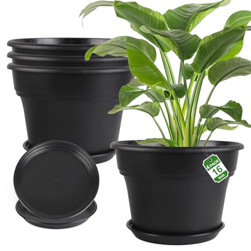 Myfeegoin 16-inch-Plant-Pots, 4 Pack Large Planters for Outdoor Plants, Plastic Flower Pots Indoor with Drainage Holes & Trays, Classic Garden Pot Container for House - color: Black, size: 16inch