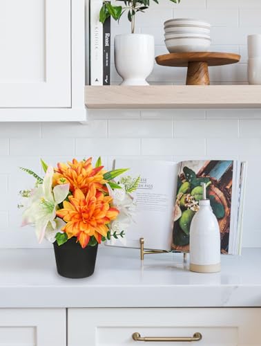 GnFlus Orange Artificial Flowers Small Fake Flowers in Vase Peonies Dahlia Tiger Lily Potted Silk Flower Arrangements Faux Plants & Flowers Home Bathroom Kitchen Table Centerpieces Desk Decor - color: Orange
