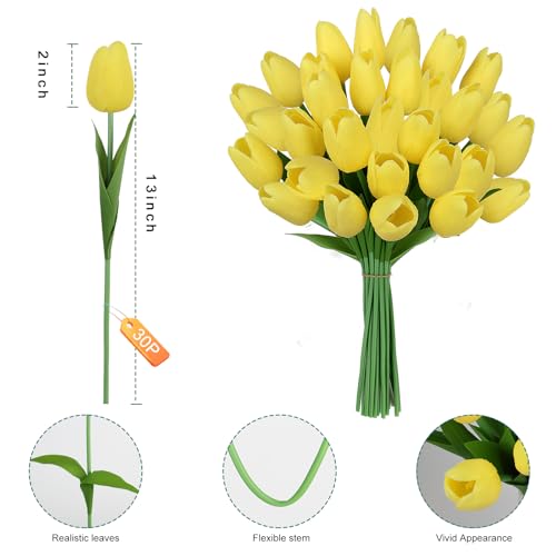 Artificial Tulips Flowers Fake Latex Tulip Stems - 30pcs Real Touch Faux Multicolor Tulips Flower for Easter Spring Wedding Bouquet Centerpiece Floral Arrangement Cemetery Table Decor - color: Yellow 01