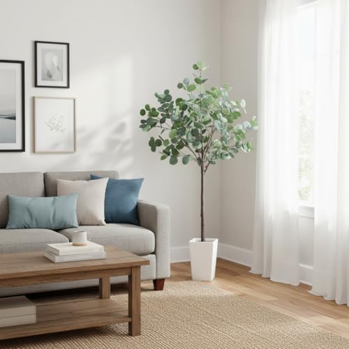 Aveyas 5ft Artificial Eucalyptus Tree for Home Decor, 5 Feet Large Faux Floor Plant Fake Silk Trees with Pot for Indoor Outdoor House Living Room Office (5 ft Tall Including Raised Pot) - color: Eucalyptus Tree (5ft)