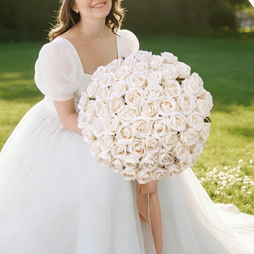 50 PCS Champagne Roses Artificial Flowers, Real Looking Fake Roses with Long Stems Silk Flowers for DIY Wedding Bouquet Party Celebration Home Bridal Baby Shower Decor Birthday Gift for Her Wife - color: Champagne