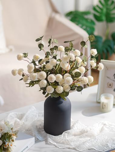 BLOSMON Fake Flowers in Vase for Centerpieces: Metal Vase with 12 Stems of Artificial Mums Kiku Flowers Eucalyptuses Dining Table Decor - White Faux Silk Pom Poms Floral Arrangements for Home Indoor - color: White