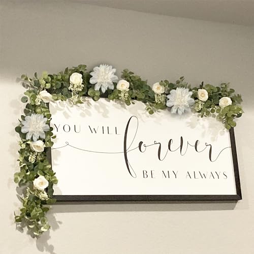 Artificial Flower Garlands, Rose Flower Vine, Artificial Eucalyptus Garland with Flowers, 6' Floral Garland for Wedding Decor Home Table Runner Mantle (White)