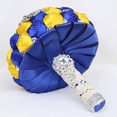 XINNI Handmade Bridal Wedding Bouquet Bride Bridesmaid Satin Rose Flower Bouquet with Meteor Shower Shape Rhinestone Wedding Decoration (Gold+RoyalBlue) - color: Gold+royalblue