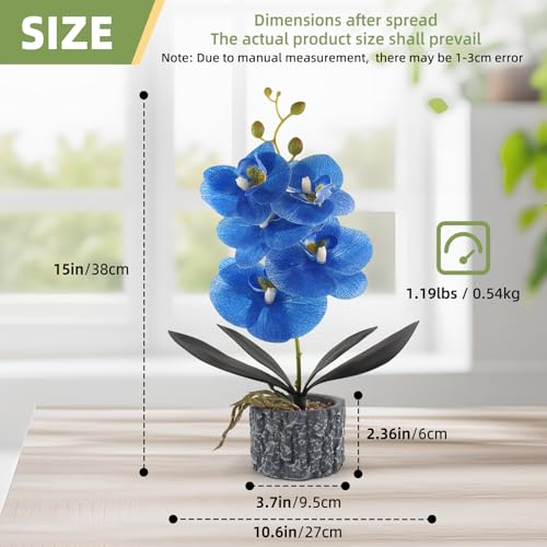 Artificial Orchid with Cement Vase Fake Phalaenopsis Flower Arrangement Faux Plants for Party Exhibition Center Home Decoration(Blue Tall 15") - color: Blue
