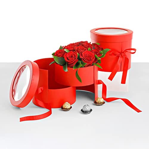 UNIKPACKAGING Premium Quality Round Flower Box, 2 TIER, Size 7.8 dia. x 7 inch, for Luxury Style Flower Arrangements (Red) - color: Red