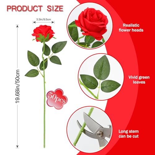 50PCS Artificial Silk Roses Flowers – Realistic Fake Roses in Bulk & Bouquet Long Stem Red Rose for Wedding Centerpieces, Home Decor, Floral Arrangements, Party Decoration (Red) - color: Red, size: 50 Pcs