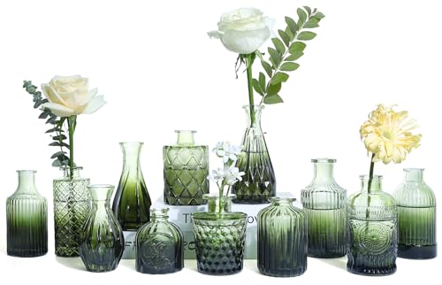 UPBUD Green Glass Bud Vases Set of 12, Mini Flower Vase for Centerpieces, Small Glass Vases in Bulk for Wedding Decorations, Vintage Vase for Bridal Shower, Party, Recepetion, Home Table Décor - color: Standard-green, size: 12pcs