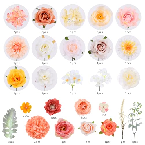 Kisflower Champagne Artificial Flowers Combo Cake Flowers Decorations Fake Peony Silk Roses Gift Box for DIY Wedding Bridal Bouquet Centerpieces Arrangements Party Holiday Decor (Champagne&Pink) - color: Champagne&pink
