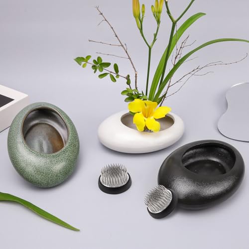 Folmywy Ikebana Flower Frog Vase Kit Japanese Flower Arrangement with 1.57 Inch Kenzan Ceramic White Pebble Shaped Bowl for Ikebana Teaching Aids Art Supplies Home Decor (5.51x4.13in) - color: White