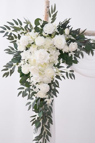 Deluxe Wedding Arch Flowers with Drapes Kit Pack of 4, 2pcs White Sage Hanging Silk Flowers Arrangement 2pcs Chiffon Drapes for Ceremony Arbor Party Outdoor Decor - color: White & Ivory