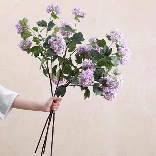 4 Pcs 33" Tall Artificial Snowball Hydrangea Flowers, Silk Hydrangeas with 20 Heads Long Stem for Tall Vase Decor, Wedding Table Centerpiece, Outdoor Living Room Arrangement(White Purple) - color: White Purple