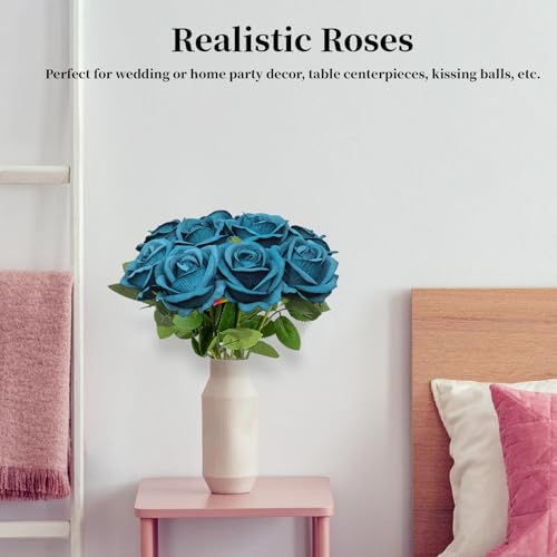 10 PCS Artificial Roses with Long Stems Silk Flowers Realistic Foam Flowers Fake Roses for Valentine's Day Autumn Fall Decor Halloween (Turquoise) - color: Turquoise