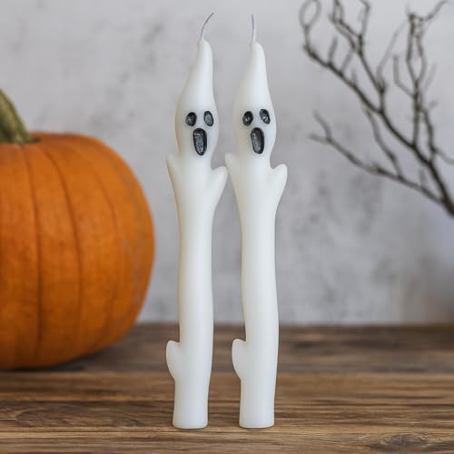 Halloween Ghost Candles Set, Cute Spooky White Taper Candles with Ghost Face for Halloween Decorations, Haunted House, Party Table Centerpiece, Gothic Home Decor, Trick or Treat Supplies (4PCS)