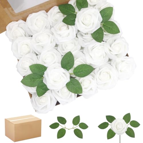 200PCS White Realistic Roses - Artificial Latex Foam Flowers with Bendable Stems & 100PCS Leaves for Wedding, Home and Party DIY Decor - color: White, size: 200
