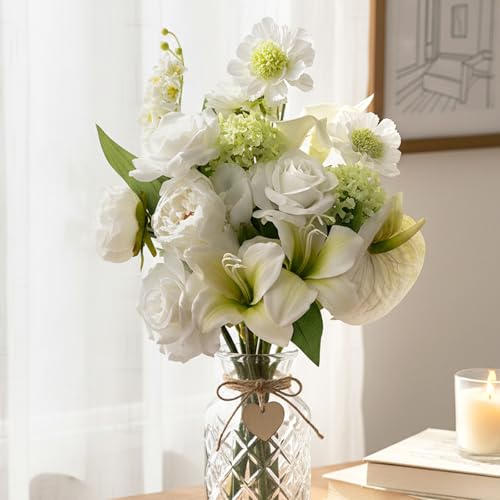 CEWOR White Fake Flowers Realistic Silk Fake Flowers Bouquet for Wedding Bridal Bouquets Table Centerpieces - color: White