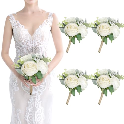 Bridesmaid Bouquets - Set of 4 Ivory White Artificial Flowers Bouquet Wedding Rustic Small Floral Centerpieces for Marriage Proposal Party Anniversary Dining Table Decorations - color: White, size: 4pcs Bouquets