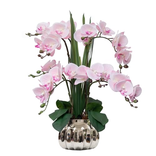 CXGS Artificial Orchid Flower Real Touch Faux Orchids in Ceramic Vase Large 22.9'' Fake Flowers Pink Phalaenopsis Floral for Home Indoor Decor - color: Pink- Silver (Large Pot)