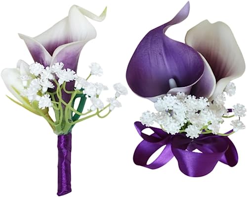 Artificial Calla Lily Wrist Corsage and Boutonniere Set for Groom Bride Groomsmen Bridesmaids Wristlet Band Corsage Men Boutonniere Wedding Accessorie Party Prom Suit Decorations - color: Calla Lily Wrist Corsage and Boutonniere Set