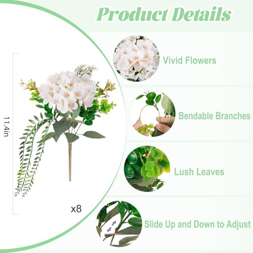 Ammyoo 8 Pcs Artificial Hydrangea Flowers Silk White Fake Flower with Eucalyptus for Outdoor Decorations UV Resistant Realistic Faux Plants for Garden Porch Window Box Indoor Table Decor - color: White