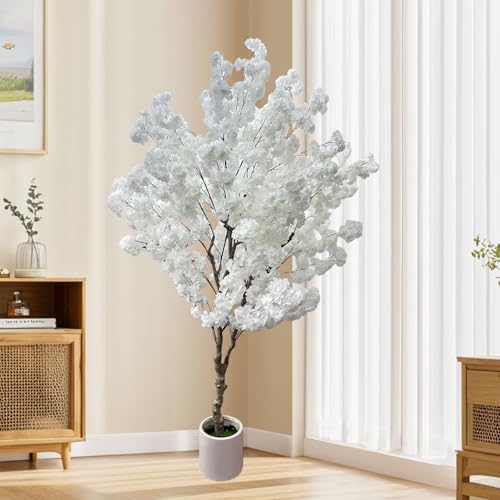 Cherry Blossom Tree 7ft, White Artificial Cherry Tree Fake White Tree for Wedding Party Home Living Room Decor - size: 4ft 10in