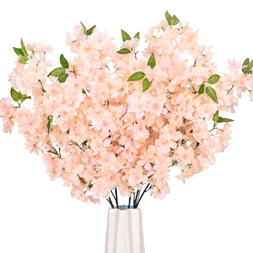 Sunm Boutique Champagne Faux Cherry Blossom Branches, Artificial Cherry Blossom Stems Cherry Blossom Flowers Vase Arrangements for Wedding Home Party Kitchen Decor, Set of 3 - color: Champagne, size: Pack of 3