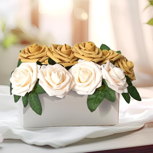 25pcs Artificial Flower Purple Foam Rose Real Touch Roses Flower Heads with Stem for DIY Wedding Bouquets Centerpieces Arrangements Party Baby Shower Home Decor (Shades Sunshine Yellow) - color: Shades Sunshine Yellow