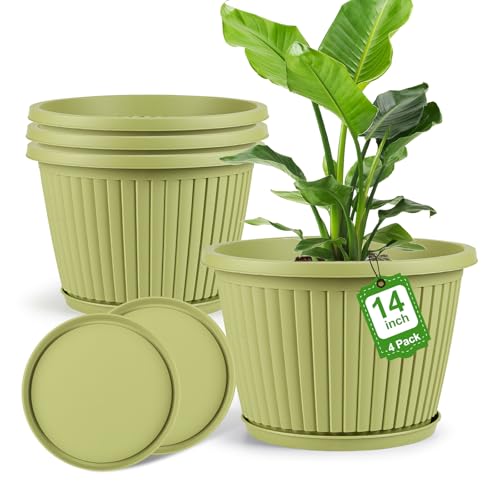 14-inch-Large-Planters-for-Outdoor-Plant，Plastic Indoor Flower Pots with Drainage Holes & Saucer，4 Packs Decorative Garden Pots for Plantfor Home Porch Decor - color: Avocado Green, size: 14 inch-4 Pack