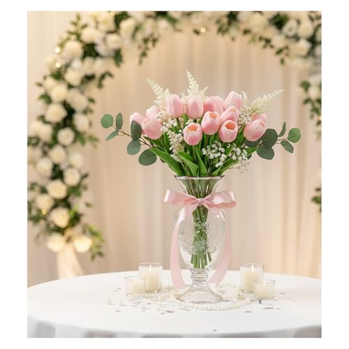 18pcs Artificial Tulips 13" PU Artificial Flowers for Family Friends Gifts DIY Flower Arrangement Home Kitchen Office Party Wedding Dining Table Decoration, Light Pink - color: Light Pink