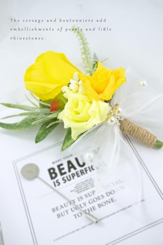 Yellow Corsage and Boutonniere Set for Wedding Prom, Artificial Rose Flower Homecoming Corsage Wristlet, Boutonniere for Men Wedding Suit Decor - color: Yellow