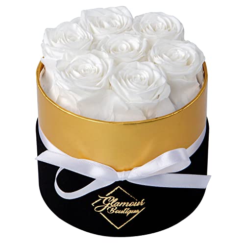 GLAMOUR BOUTIQUE Eternal Preserved Roses in a Box, Flowers Forever, Rose Forever in a Box for Wife or Her, Lasting Real Flower Gift, Elegant Luxury Floral Home Decor, 7 Roses, White (Color-Treated) - color: White 7 Roses, size: 7 Roses