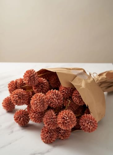 Laelfe Artificial Pompon Mum Burnt Orange, 5Pcs Fake Kiku Flowers Silk Small Mini Chrysanthemum Ball Faux Mum Decor for Vase Filler DIY Bouquet Centerpieces Arrangements Shower(Burnt Orange) - color: Burnt Orange