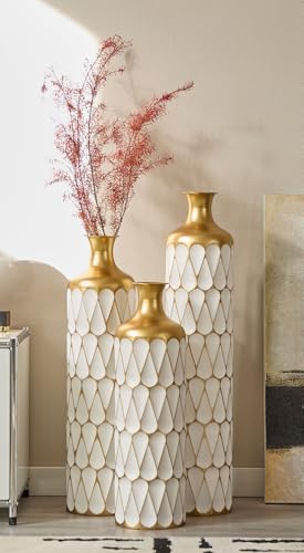 Tall Floor Vases Set of 3 for Decor Living Room Floor, White and Gold Vases Home Decor, Embossed Body Pattern, 31.5" H/27.17" H/22.83" H Geometric Cylinder (Gold 7) - color: Gold 7