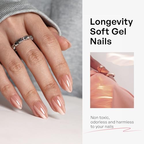 32Pcs Soft Gel Press on Nails for Women, Pearl Chrome, Short Almond | Glazed Donut Aurora False Fake Nails Press Ons for Office Daily Wear, Salon Quality Reusable Glue & Stick on Nail Gift Kit - color: 2D-Pearl Chrome