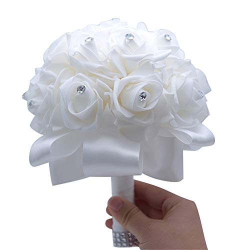 MOJUN Wedding Bouquets Crystal PE Roses Bridal Bridesmaid Wedding Hand Holding Bouquet Artificial Fake Flowers Toss Bouquet, Pure-White - color: Pure-white