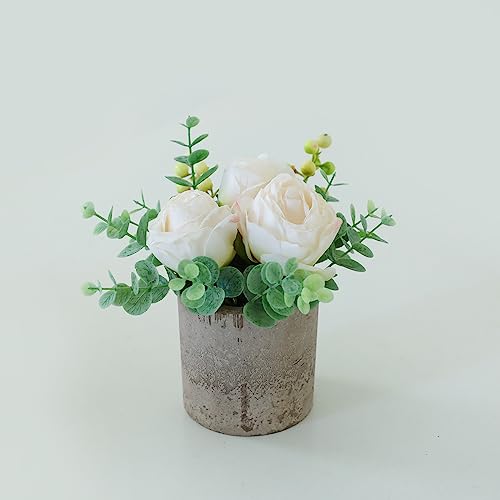 Small Artificial Burnt White Rose Potted Plant, 6" Fake Silk Flowers in 3" Cylindrical Pot, Mini Faux Floral Arrangement for Desk Shelf Bathroom Decor - color: Burnt White